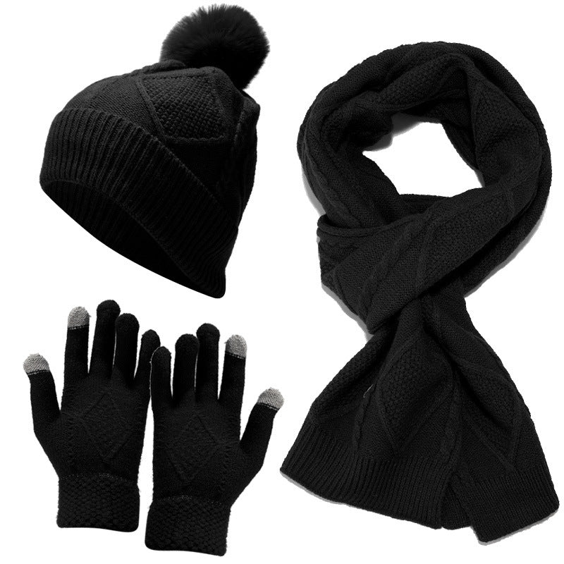 Wholesale Autumn and Winter Cold-proof and Warm Thickened Woolen Knitted Scarf and Gloves Three-piece Set